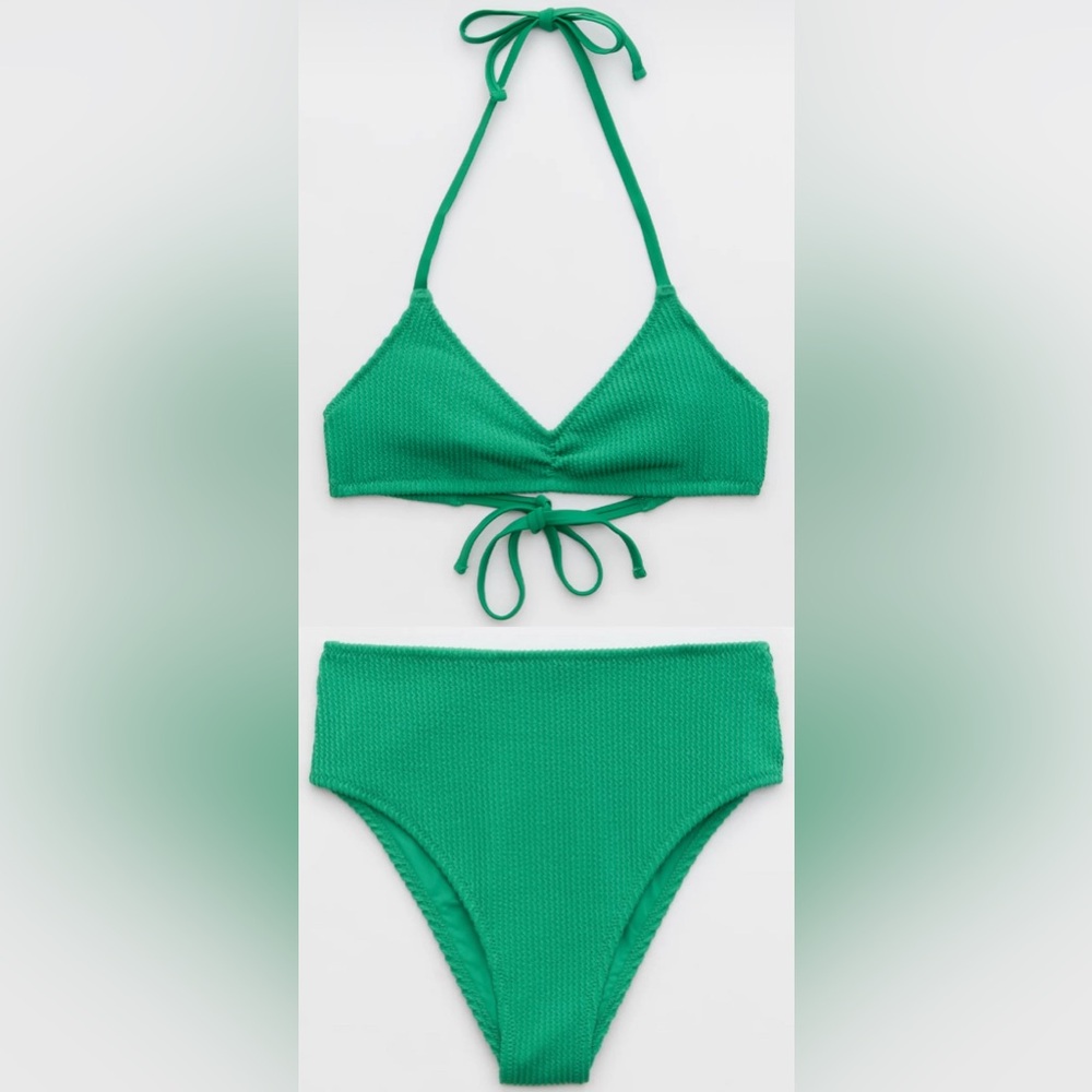 NWT Aerie FULL SET Crinkle Halter Voop Top + High Waisted Cheeky Bottom Green XS